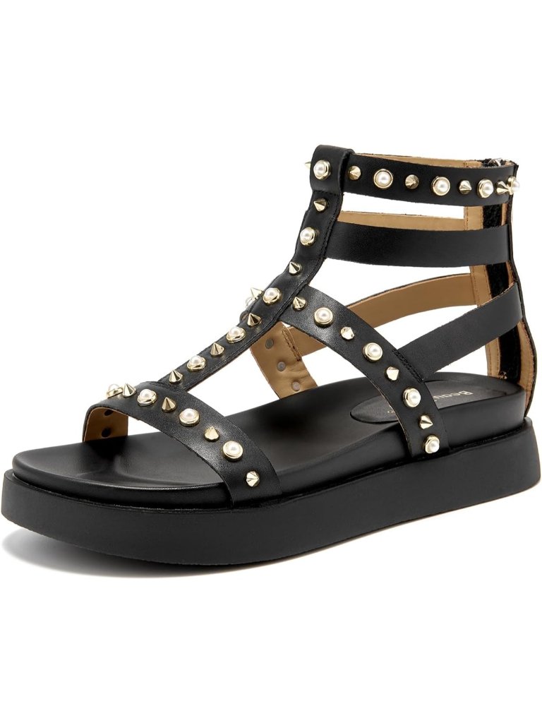 Women's Black Platform Studded Sandals Comfortable Leather Summer Beach Shoes